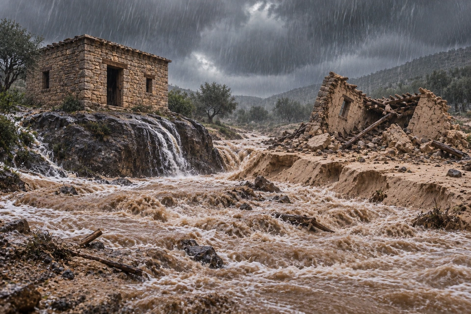 Floodwater rushes between an intact house on dark rock and a collapsed house above eroding pale sand.