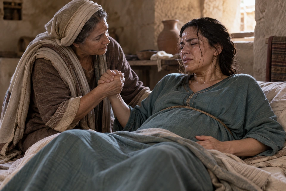 A pregnant woman reclines in a teal dress with her eyes nearly closed, holding the hand of an older woman beside her.