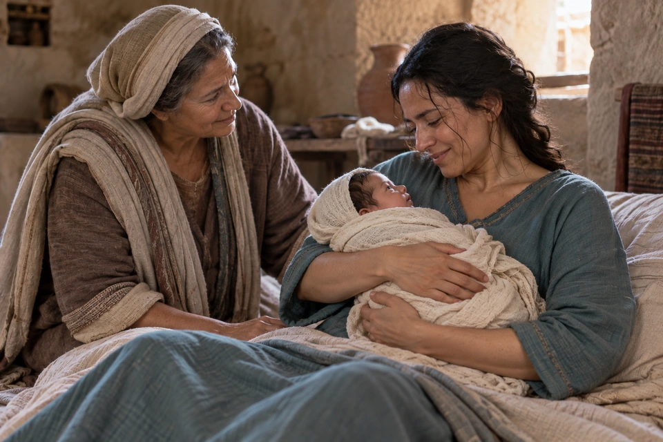 The woman in a teal robe cradles a swaddled newborn and looks down at the baby while the older woman watches beside her.