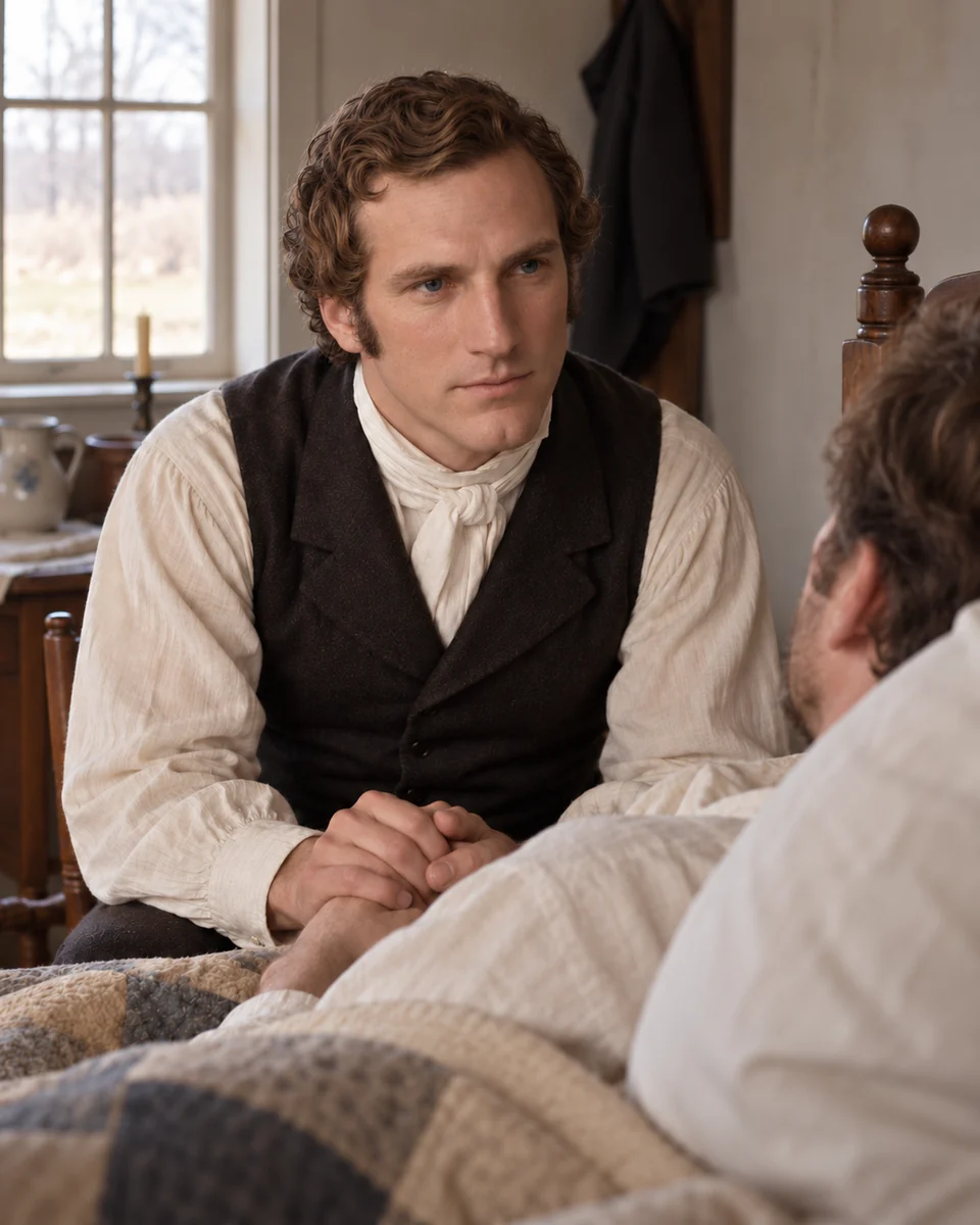 Hyrum holds Alvin’s hand and listens beside his bed.