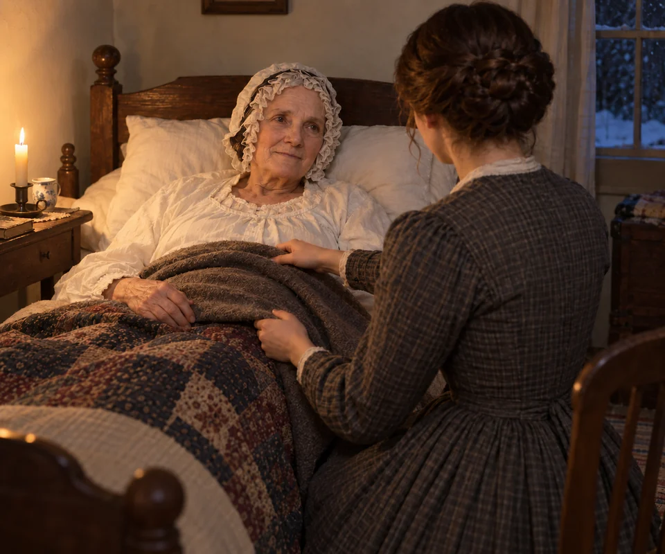 Lucy’s youngest daughter tends to her mother, drawing a cover across her lap.