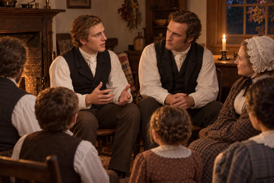 Joseph speaks to his family as they gather around him by candlelight.