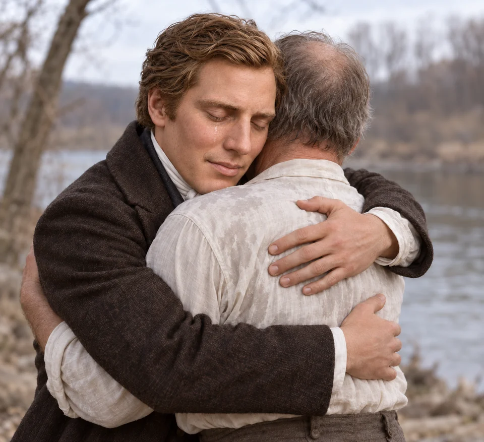 Joseph embraces his father beside the water after his father’s baptism.