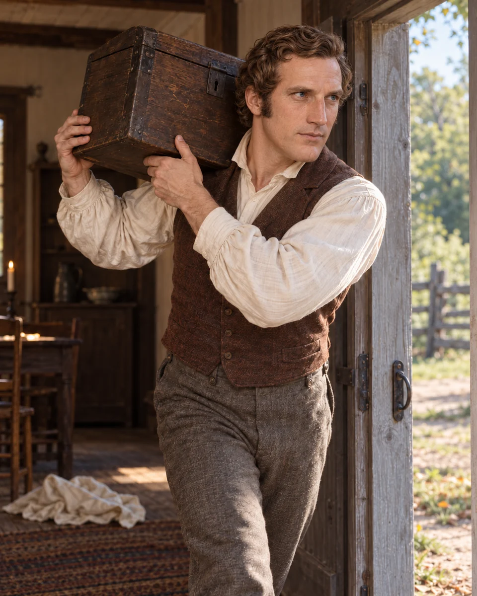 Hyrum carries a wooden chest toward the doorway, ready to help Joseph.
