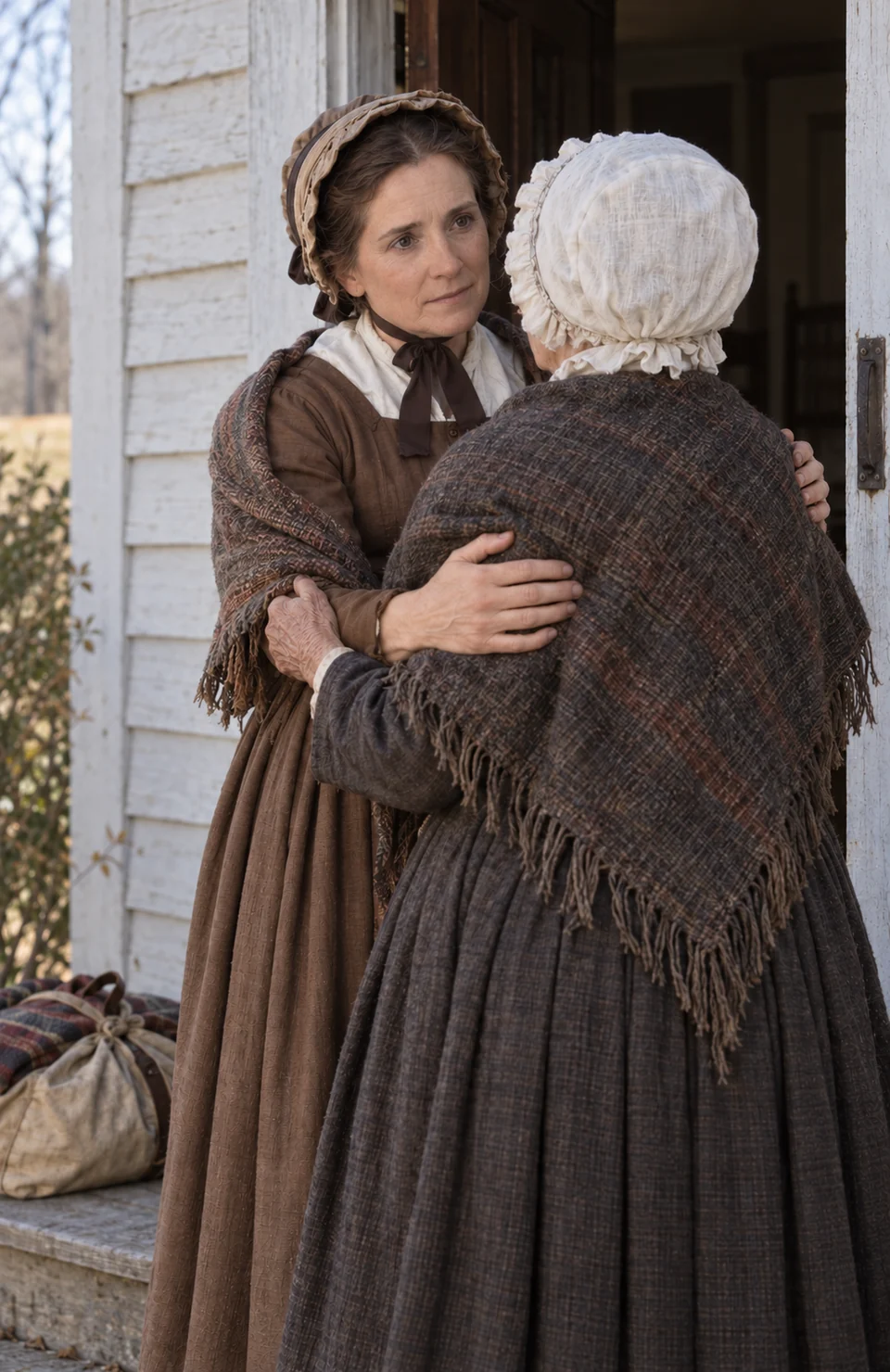Lucy Mack Smith embraces her elderly mother, Lydia, at a doorway.