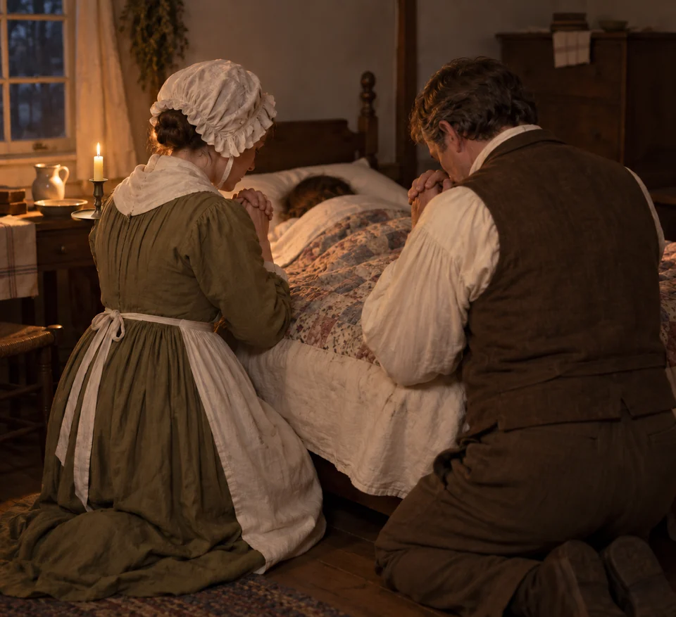 Lucy and Joseph Sr. kneel beside their daughter’s bed in prayer.