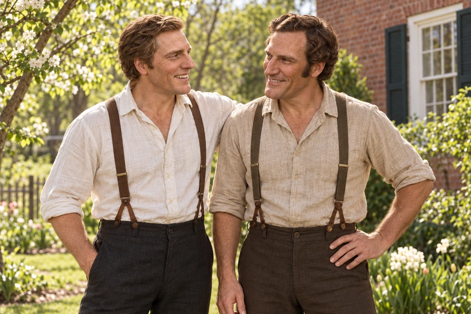 Joseph smiles at Hyrum with an arm around his shoulders; both wear shirts with rolled sleeves and suspenders