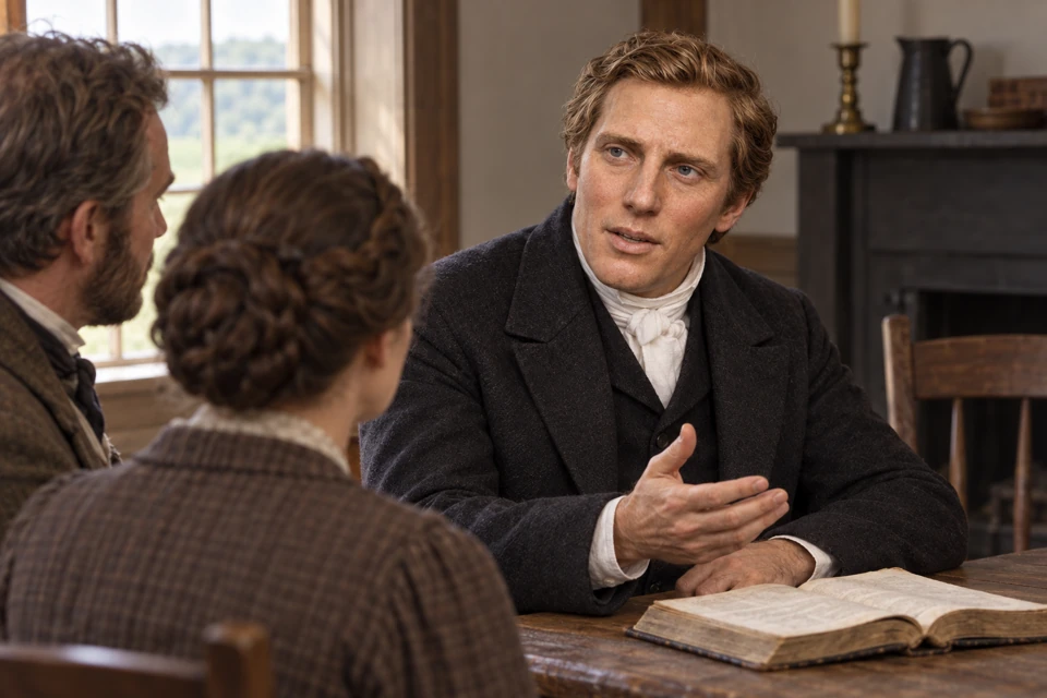 An artistic interpretation of Joseph Smith speaking with two unnamed listeners around a table