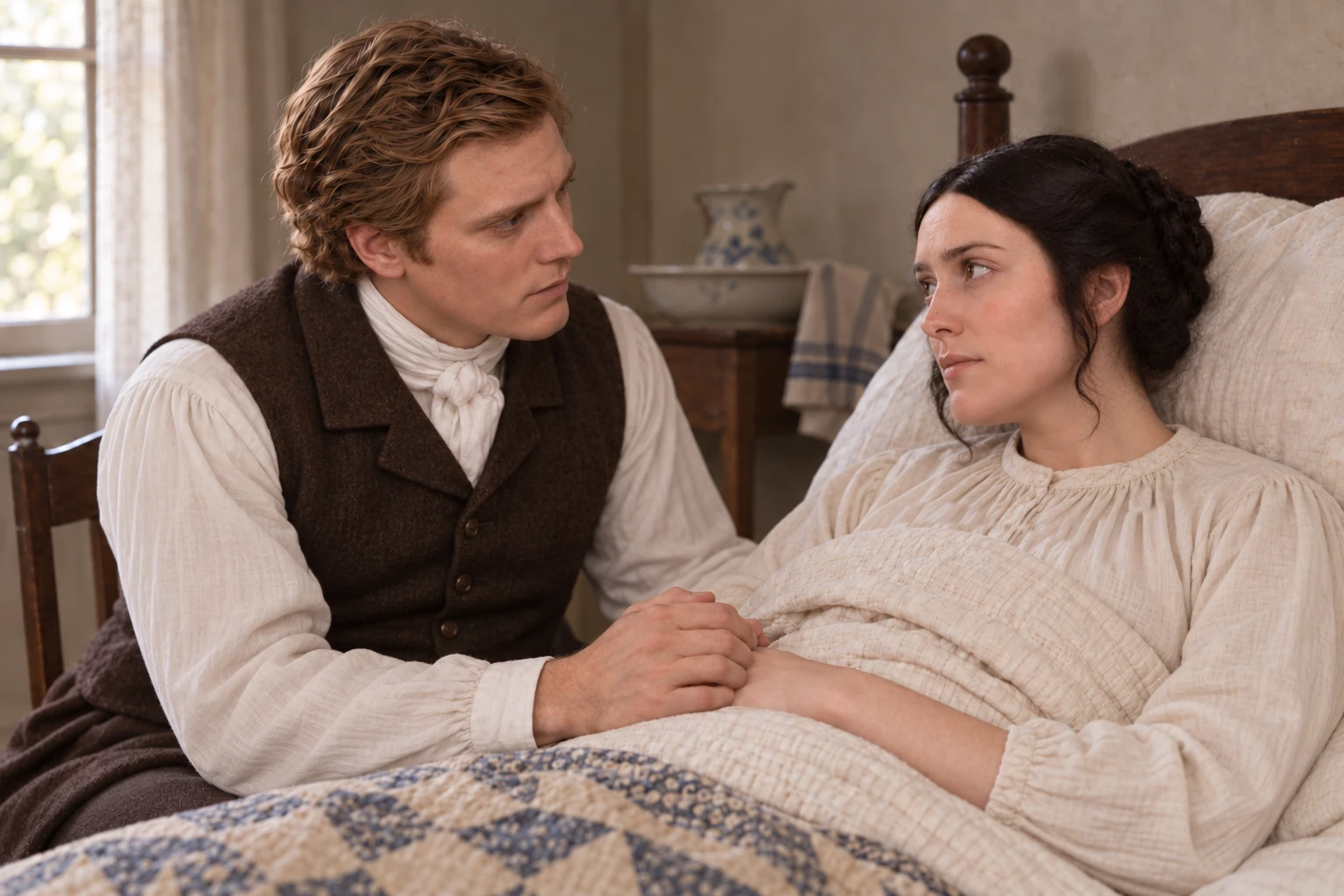Joseph in a brown waistcoat supports Emma’s hand as she rests in light recovery clothing; they look tenderly toward one another