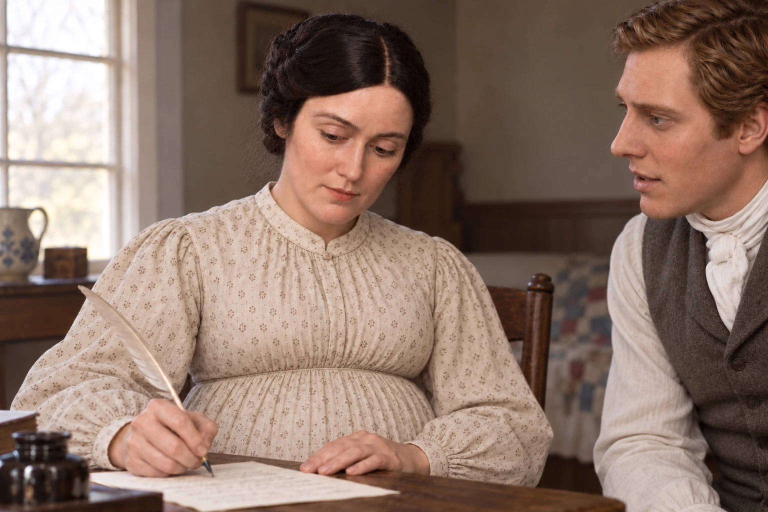 Emma in a printed cotton dress writes with a quill while Joseph sits nearby