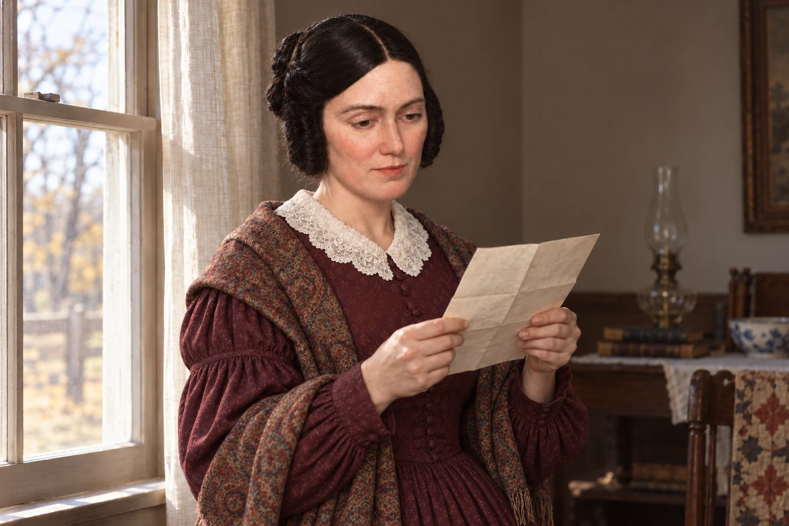 Emma in a burgundy dress and shawl reads a folded family letter