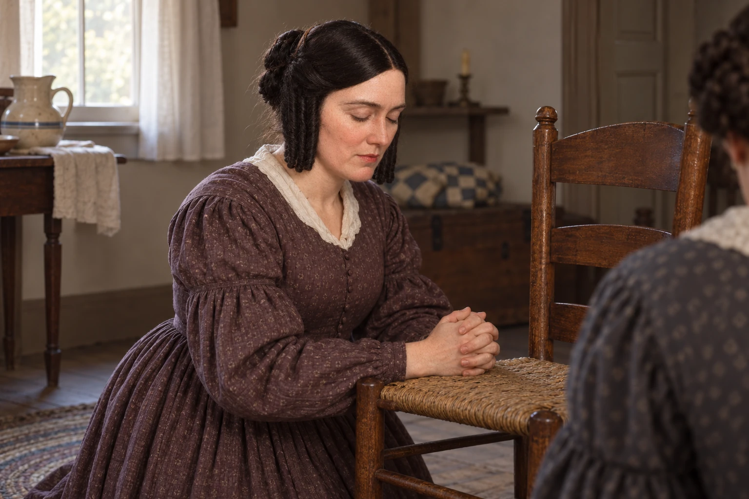 Emma kneels in prayer beside a chair, with another woman partly visible behind her