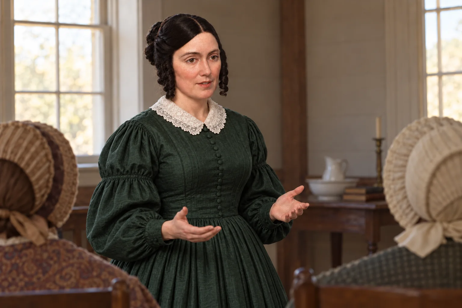 Emma in a deep green day dress speaks earnestly to seated women