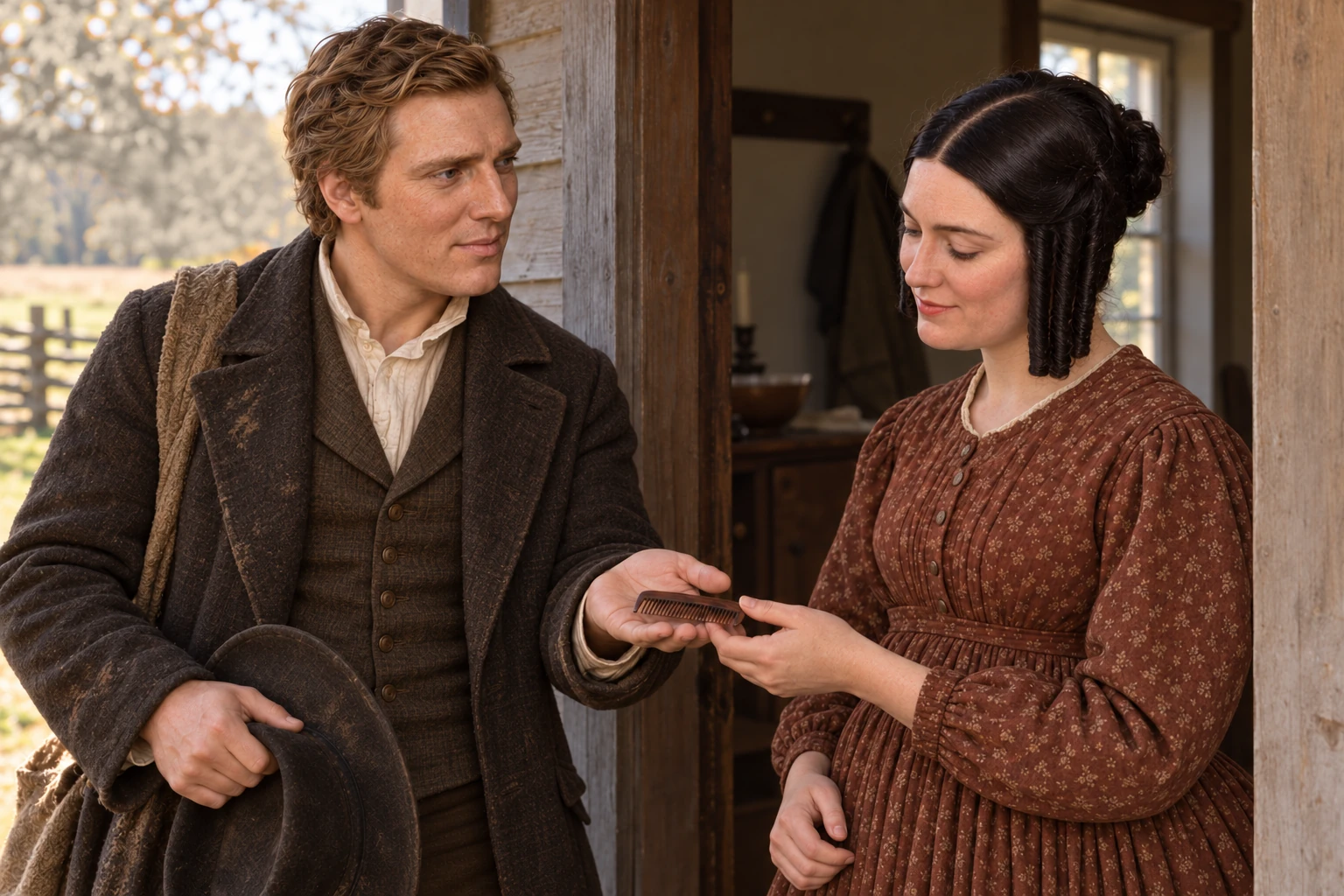 Joseph offers a small comb to Emma, who looks toward the gift, both wearing earthy period clothing