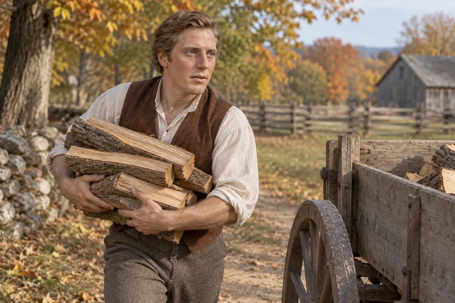 Joseph carries split wood toward a wagon in a work shirt and russet waistcoat