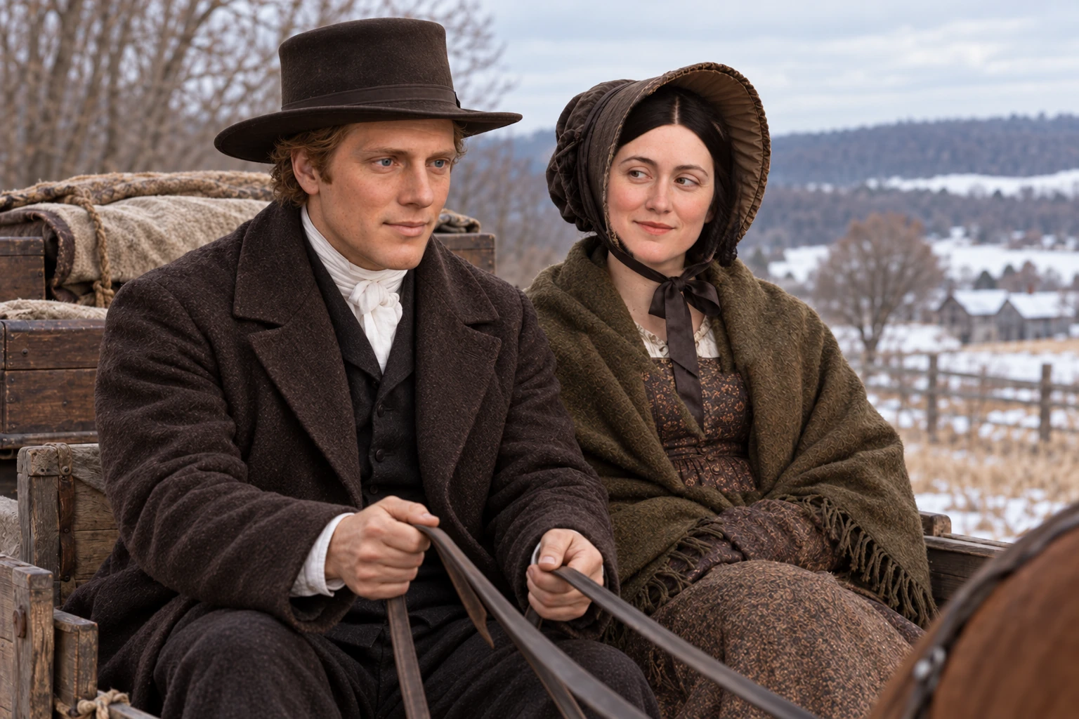 Joseph attends to driving the wagon while Emma looks warmly toward him, wearing winter layers and a bonnet