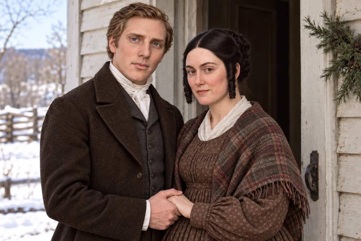 Young Joseph and Emma pose together with joined hands in brown winter clothing