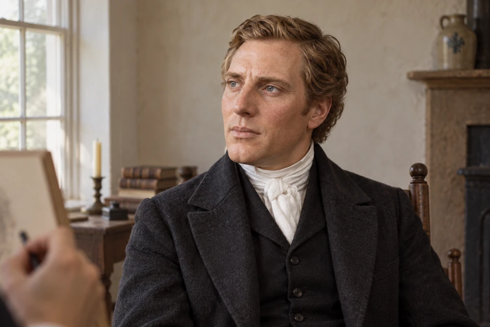 An imagined Joseph Smith portrait sitting, with an artist’s blurred hand in the foreground