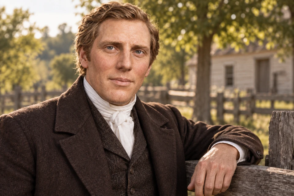 An artistic interpretation of Joseph Smith resting a hand on a wooden fence in warm daylight