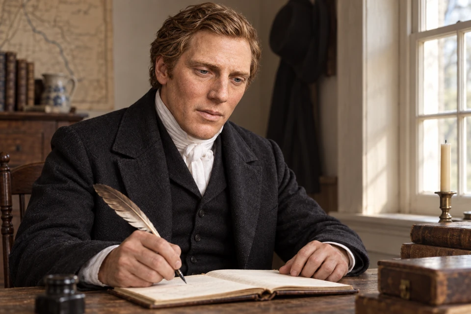 An artistic interpretation of Joseph Smith writing beside a sunlit window