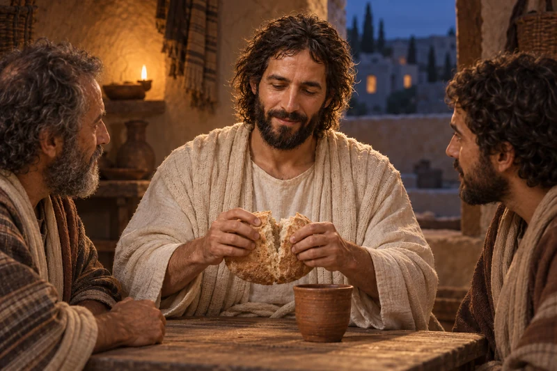 Jesus breaks bread at a table with two disciples in Emmaus.