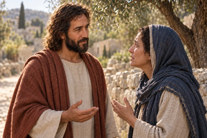 Jesus listens to Martha outside Bethany as she speaks with Him after Lazarus’s death.
