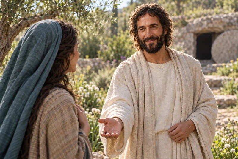 Mary Magdalene faces the risen Jesus in a garden near the tomb.