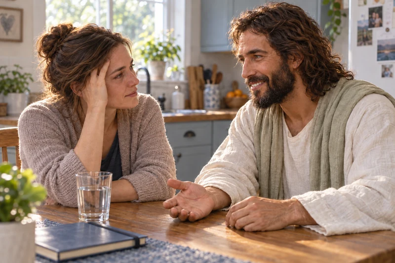 Devotional artwork of Christ listening across a kitchen table to a tired caregiver.