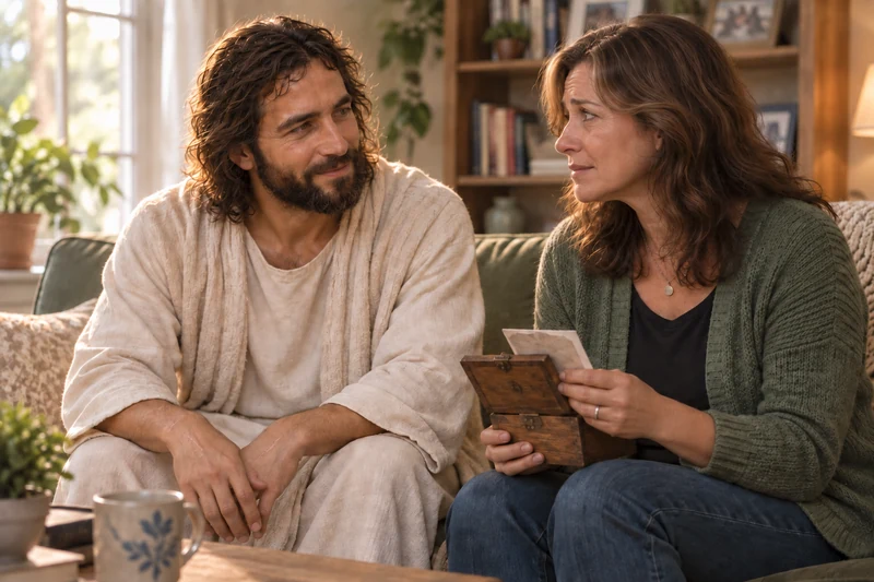 Devotional artwork of the risen Christ listening to a woman holding a keepsake box and photograph.