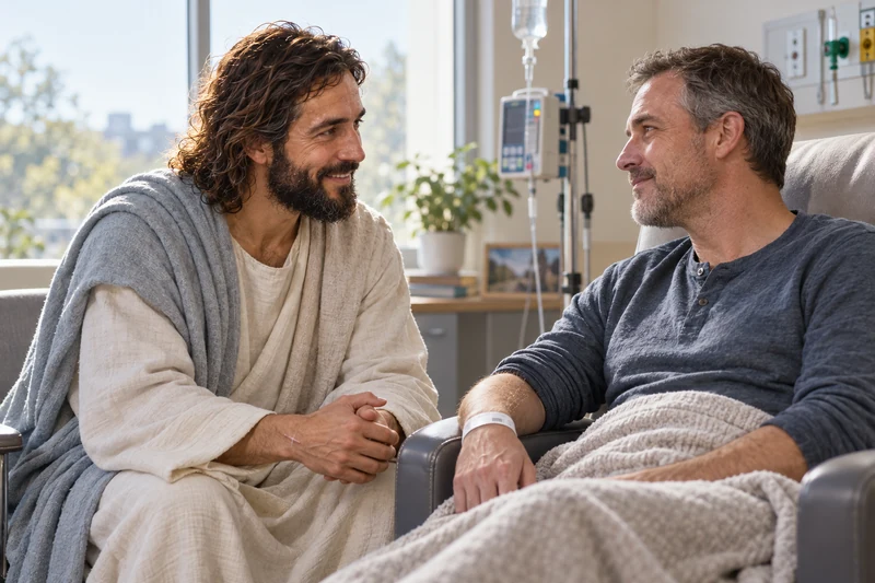 Devotional artwork of Christ sitting beside a man in a treatment chair, meeting his gaze.