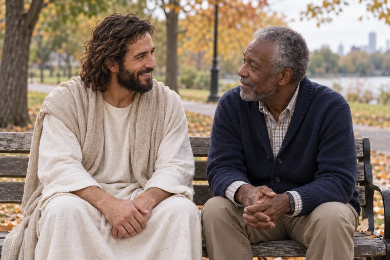 Devotional artwork of Christ speaking with an older man on a park bench.