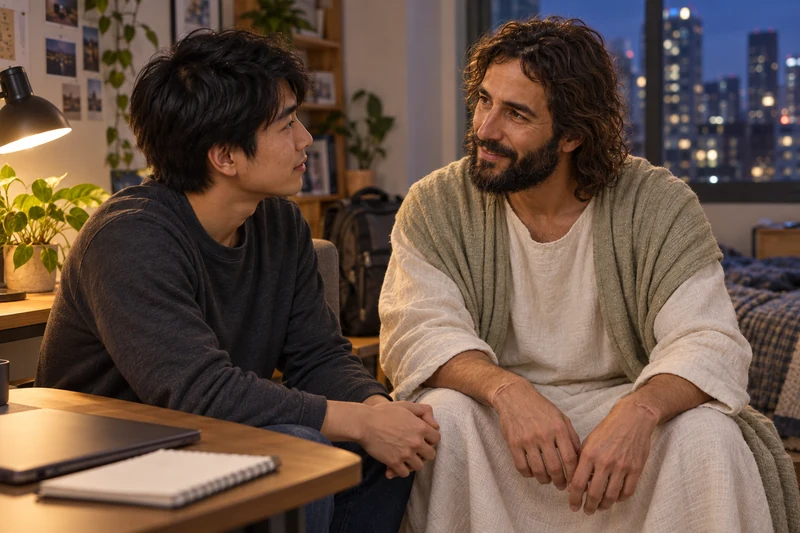 Devotional artwork of Christ speaking with a young man beside a desk in his apartment.