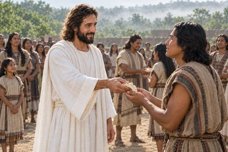 Christ gives broken bread to a standing disciple as others receive bread behind them.