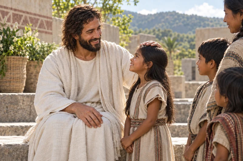 Jesus blesses a child while other children and a parent wait nearby.