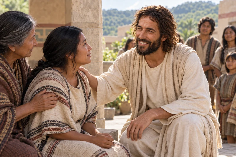 Christ meets the gaze of a seated woman and rests a hand on her shoulder.