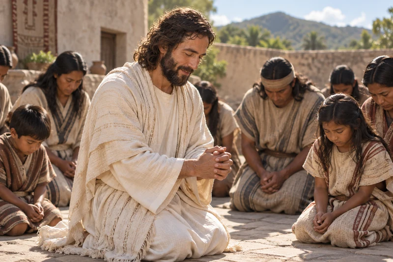 Jesus kneels upon the earth in prayer among kneeling adults and children.