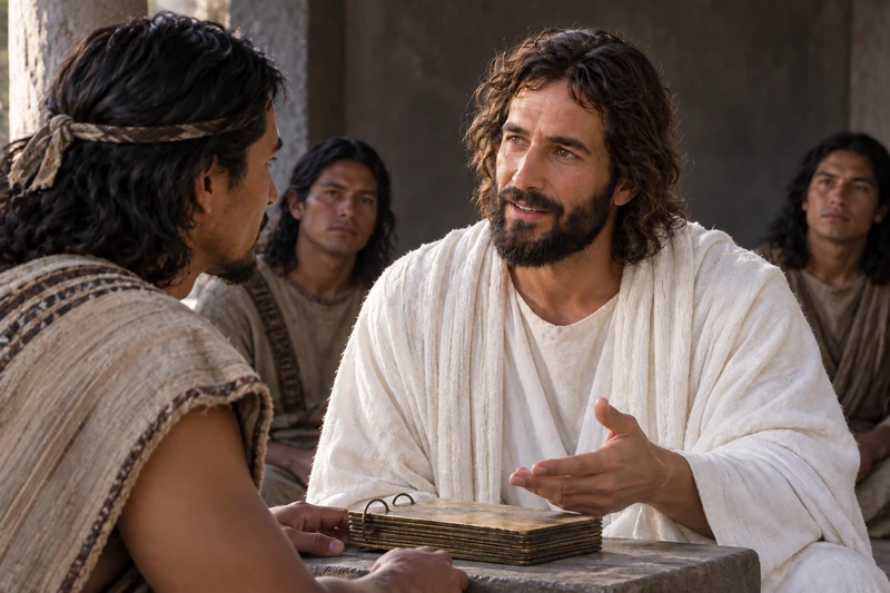Jesus speaks with Nephi over an ancient record while disciples listen.
