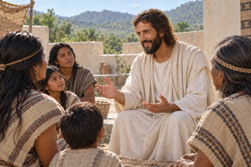 Jesus teaches a gathering of adults and children, looking toward a listener.