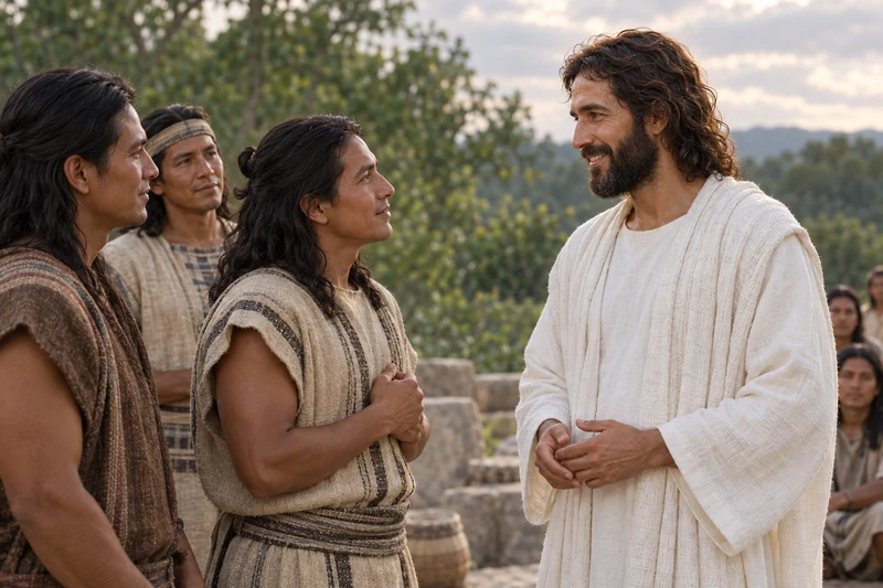 Christ turns toward three disciples in an attentive conversation.