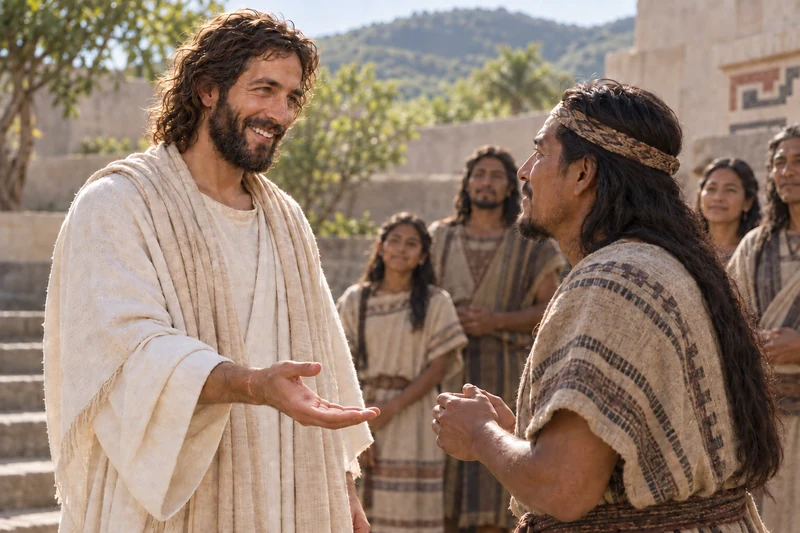 The risen Christ offers His hand to a man among the people at Bountiful.