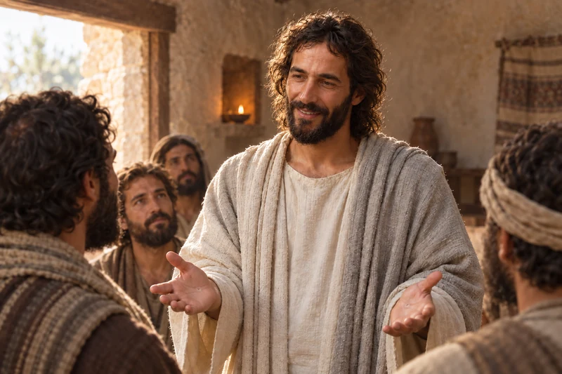 The risen Jesus addresses gathered disciples and shows His healed hands.