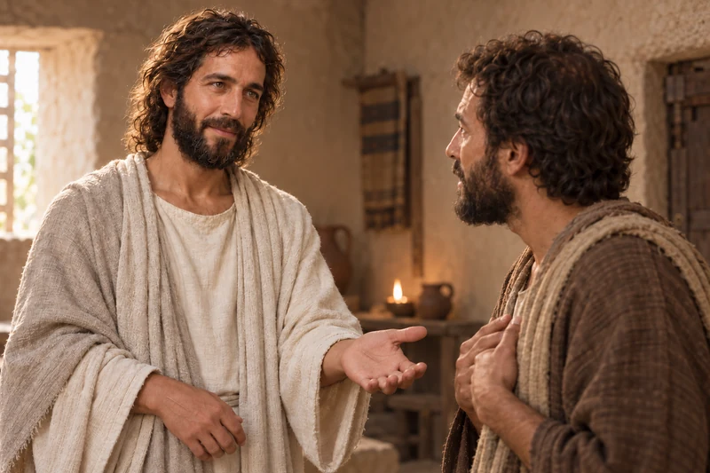 Jesus offers His hand as Thomas listens and looks into His face.
