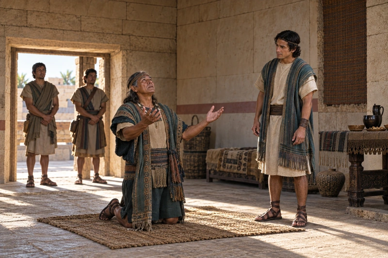 Lamoni’s father kneels with his hands raised in prayer while Aaron stands nearby.