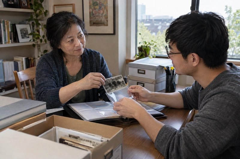 Two relatives look through family photographs together.