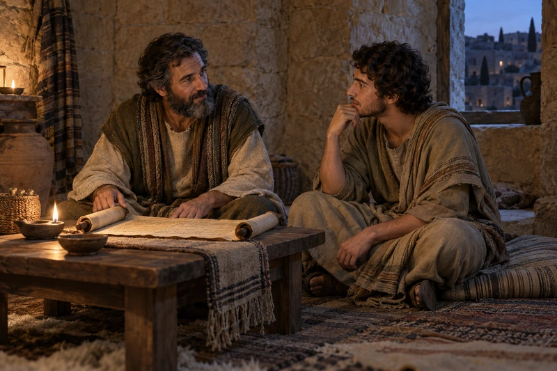 Two readers discuss an open scroll together.