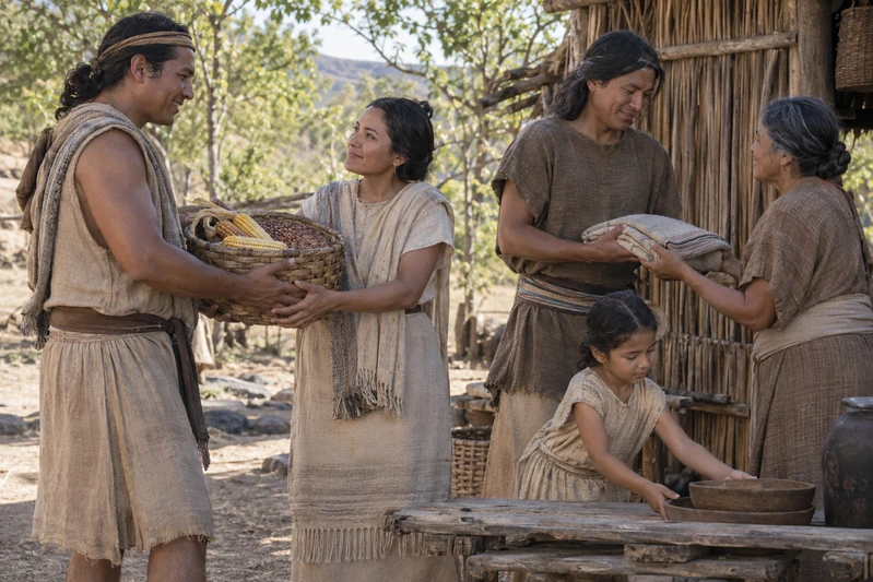 Members of a small community share a basket of food and folded cloth as a child makes room nearby.