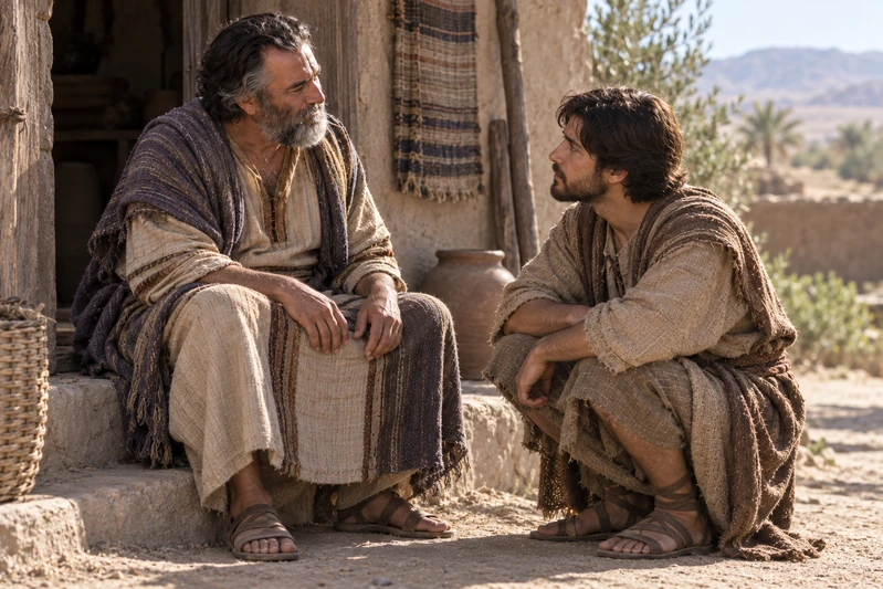 Lehi sits in a doorway speaking with Jacob, who crouches beside him and looks into his face.
