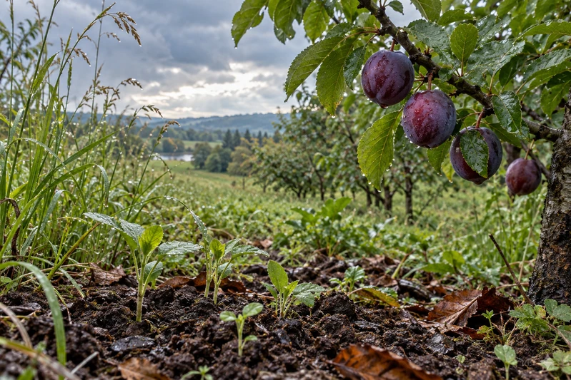 Seedlings and grasses grow in rain-darkened soil beneath a branch bearing ripe plums.