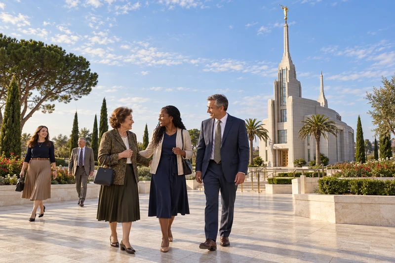 Adults walk and talk outside the Rome Italy Temple.