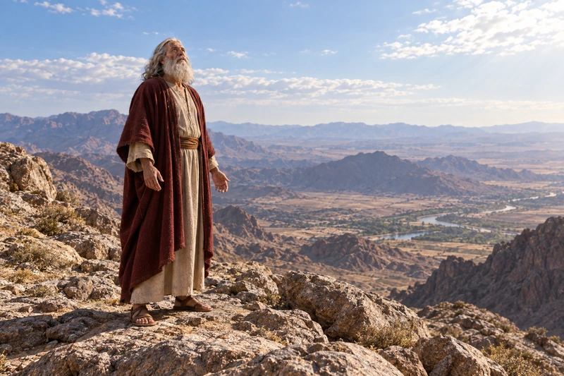 Moses looks outward from a mountain.